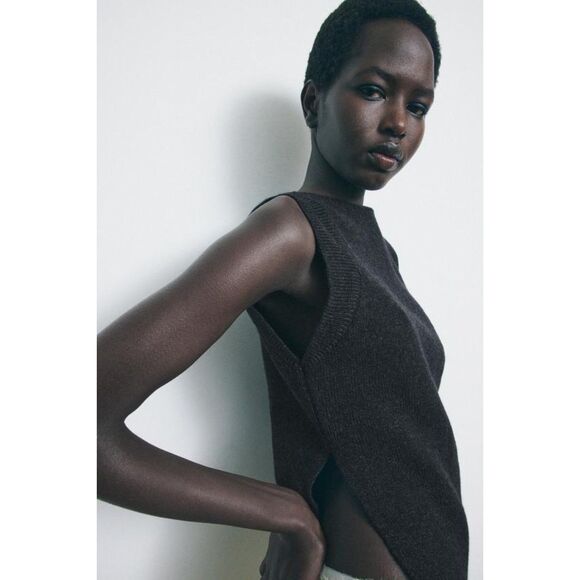 Gray Zara Side Ruched Asymmetrical Hem Ribbed Knit Sleeveless Sweater Top (NWT) - Picture 6 of 8